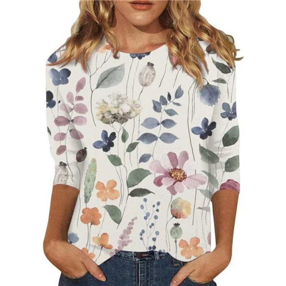 Women 3/4 Sleeve Ethnic Floral Print Slim Crewneck Button Spring Shirts Tops
